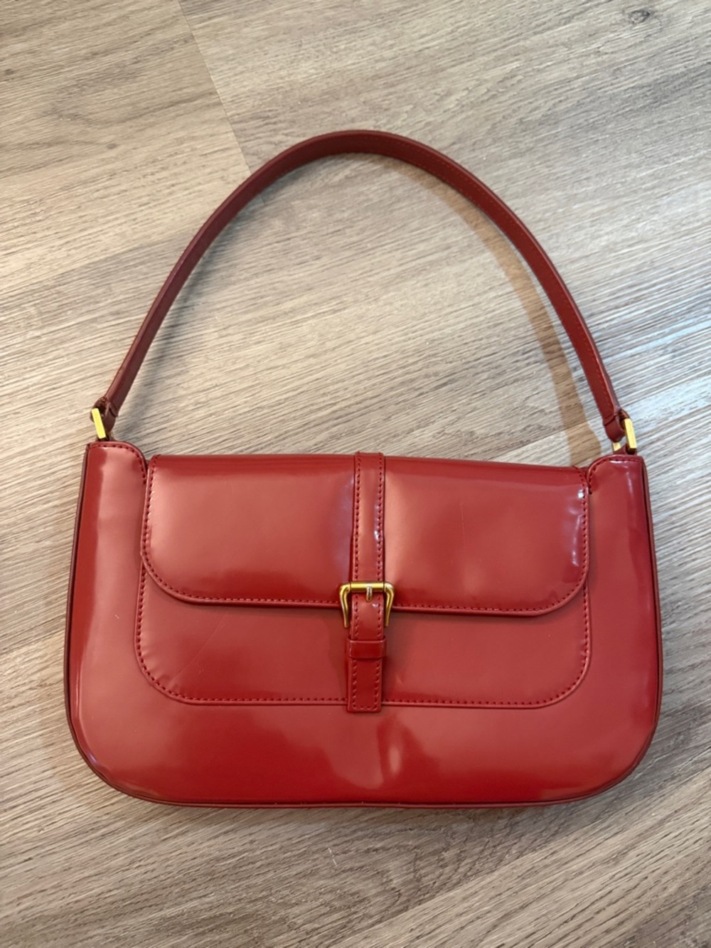 BY FAR Red Patent Leather Shoulder Bag with Gold Buckle